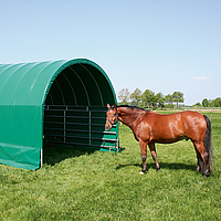 Cheval à côté de l'abri de pâturage Lubratec avec portail
