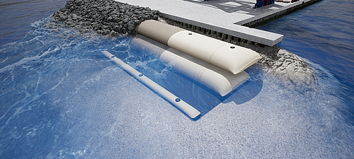 Gain de terrain et protection des berges grâce aux SoilTain Tubes dans le domaine des géotextiles et des ouvrages hydrauliques Gaine géotextile de protection côtière SoilTain avec tapis de protection contre l'affouillement et pierres hydrauliques pour la récupération des terres et la protection des rives