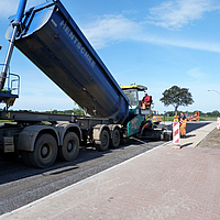 Un camion à benne basculante déverse de l'asphalte dans une machine de finition pour l'asphaltage d'une route avec du composite SamiGrid®.