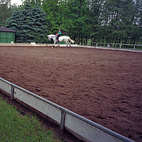 Manège avec couche de séparation Lubratec et cavalier sur cheval blanc