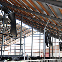 Gros plan sur un ventilateur axial Lubratec installé dans une étable à vaches