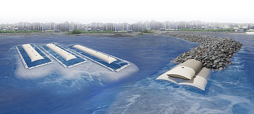 Épis et brise-lames réalisés avec SoilTain Tubes pour une protection efficace du littoral SoilTain Tubes avec tapis anti-affouillement comme ouvrage central et SoilTain Tubes pour la protection des côtes, recouverts de pierres hydrauliques