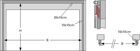 Dessin du Tectura Stabitor avec des dimensions alternatives, la largeur de porte B étant supérieure de 29 cm. Idéal pour les exigences et les passages spéciaux