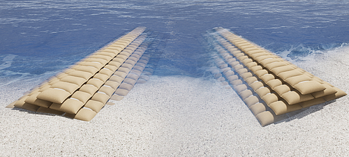 Épis et brise-lames efficacement mis en œuvre avec les SoilTain Bags pour la protection contre l'érosion Deux SoilTain Bags de Hüsker s'élèvent de la terre vers la mer et servent de brise-lames et d'épis innovants.